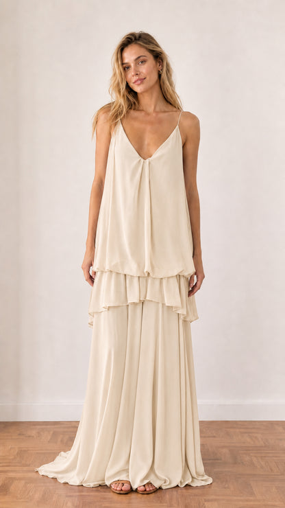 Model wearing Cream champagne tiered open-back maxi dress