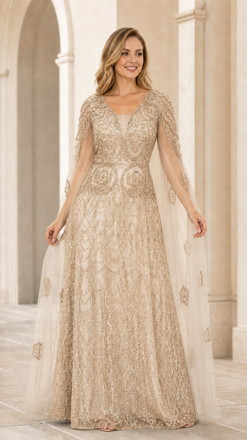 Champagne gold sparkling sequin A-line evening gown with cape