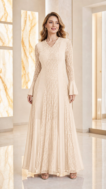 Front view of woman wearing champagne cream lace patchwork maxi dress