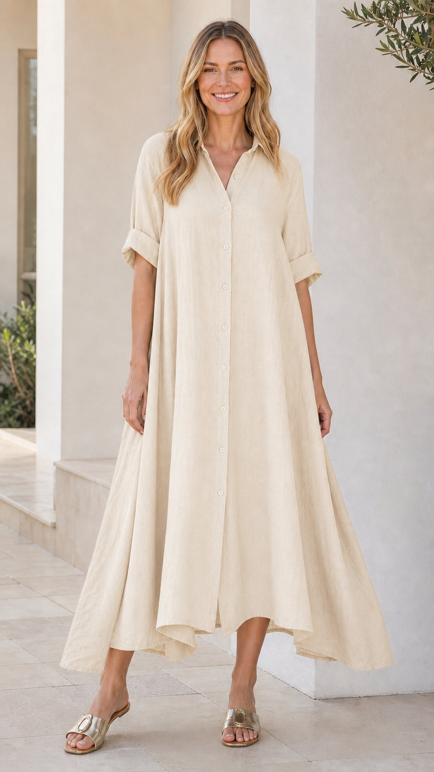 Front view of woman wearing beige button-down midi shirt dress
