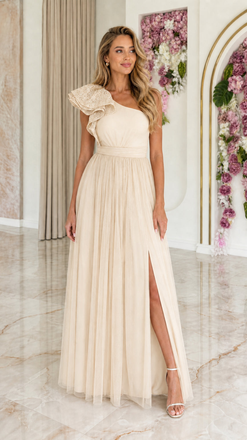 Front view of champagne one-shoulder lace ruffle tulle maxi dress