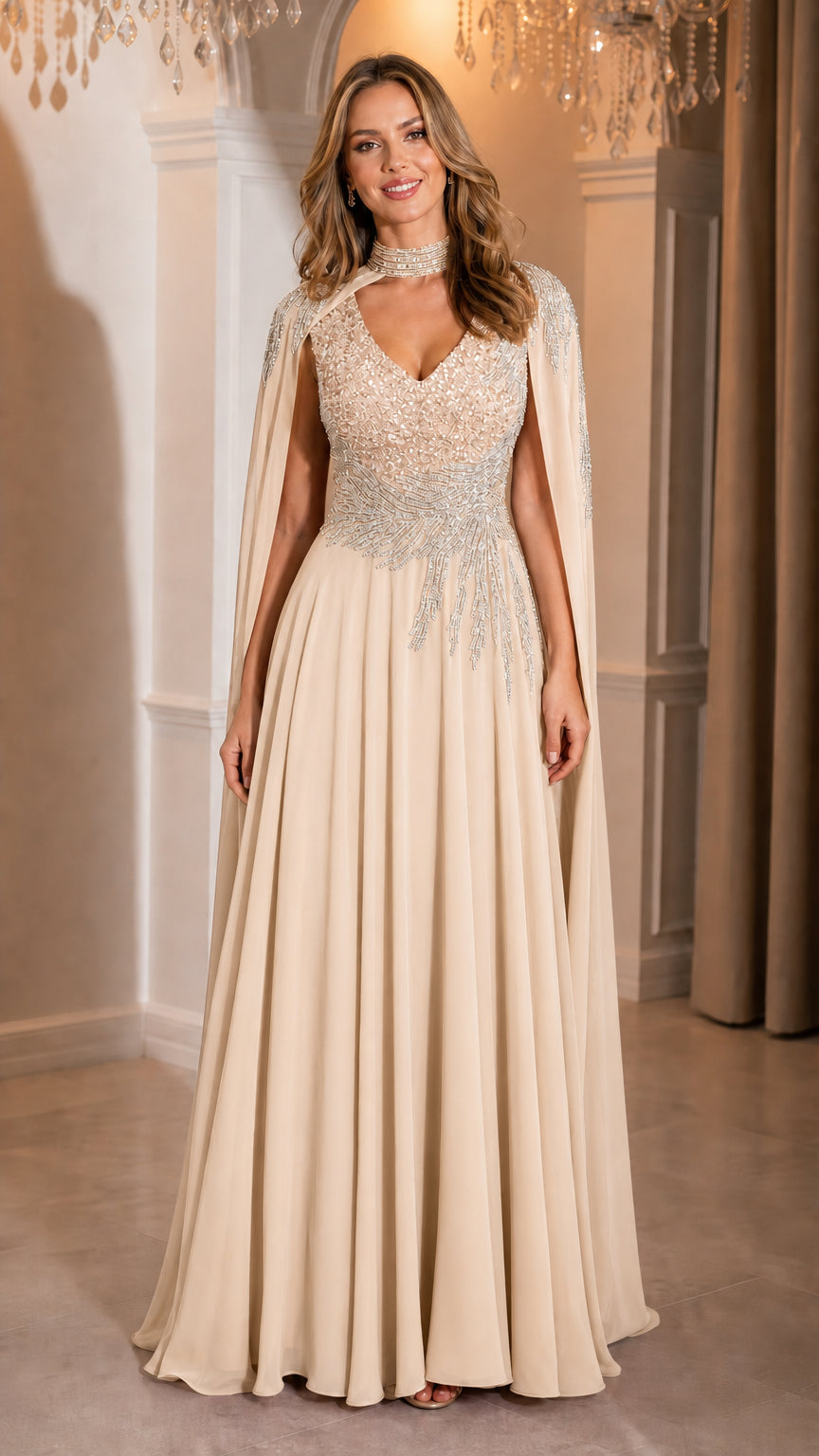 Champagne gold beaded cape evening gown front view