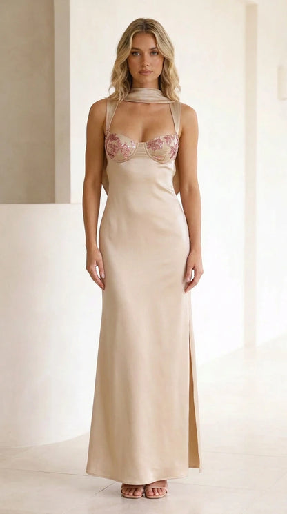 Front view of champagne satin sequin maxi dress