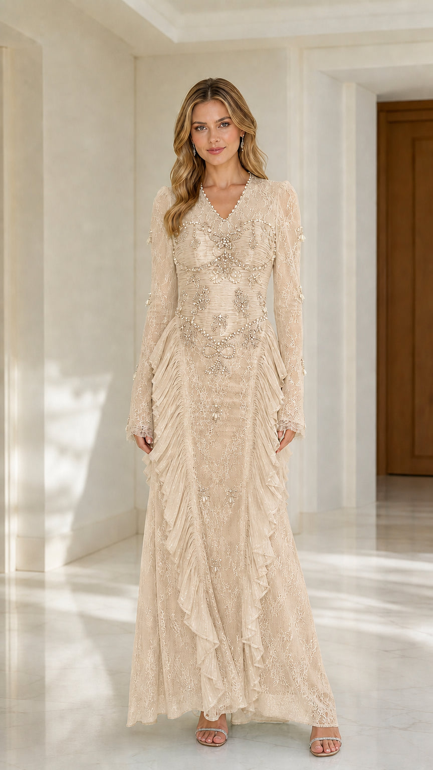 Champagne Beaded Lace Floor-Length Formal Gala Gown