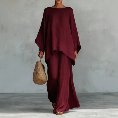 Linen-Blend Poncho Top & Wide-Leg Pants Set